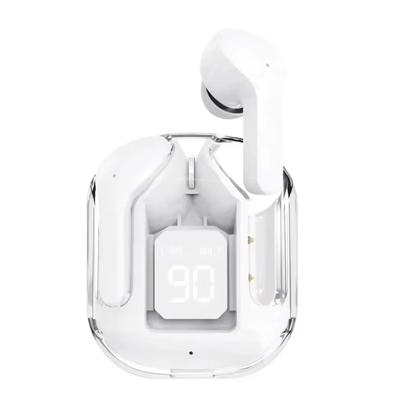 Premium hybrid ANC active noise cancellation performance diagram on white earbuds